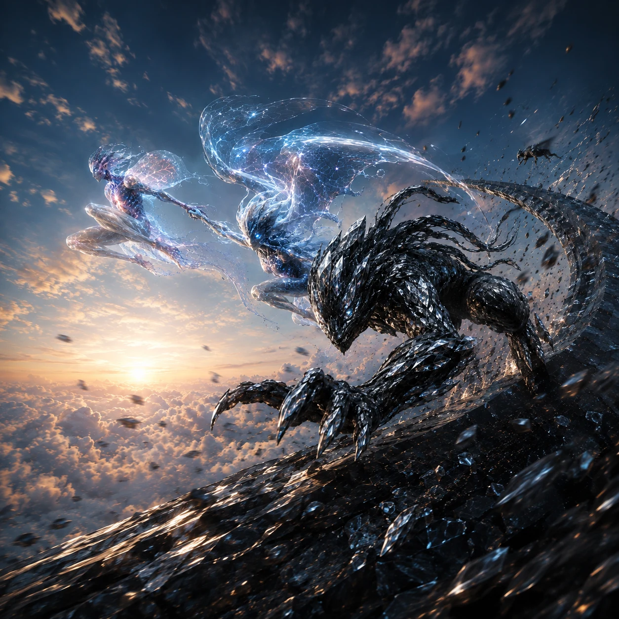 Carbon, Hydrogen and Oxygen rising through a shattered celestial world